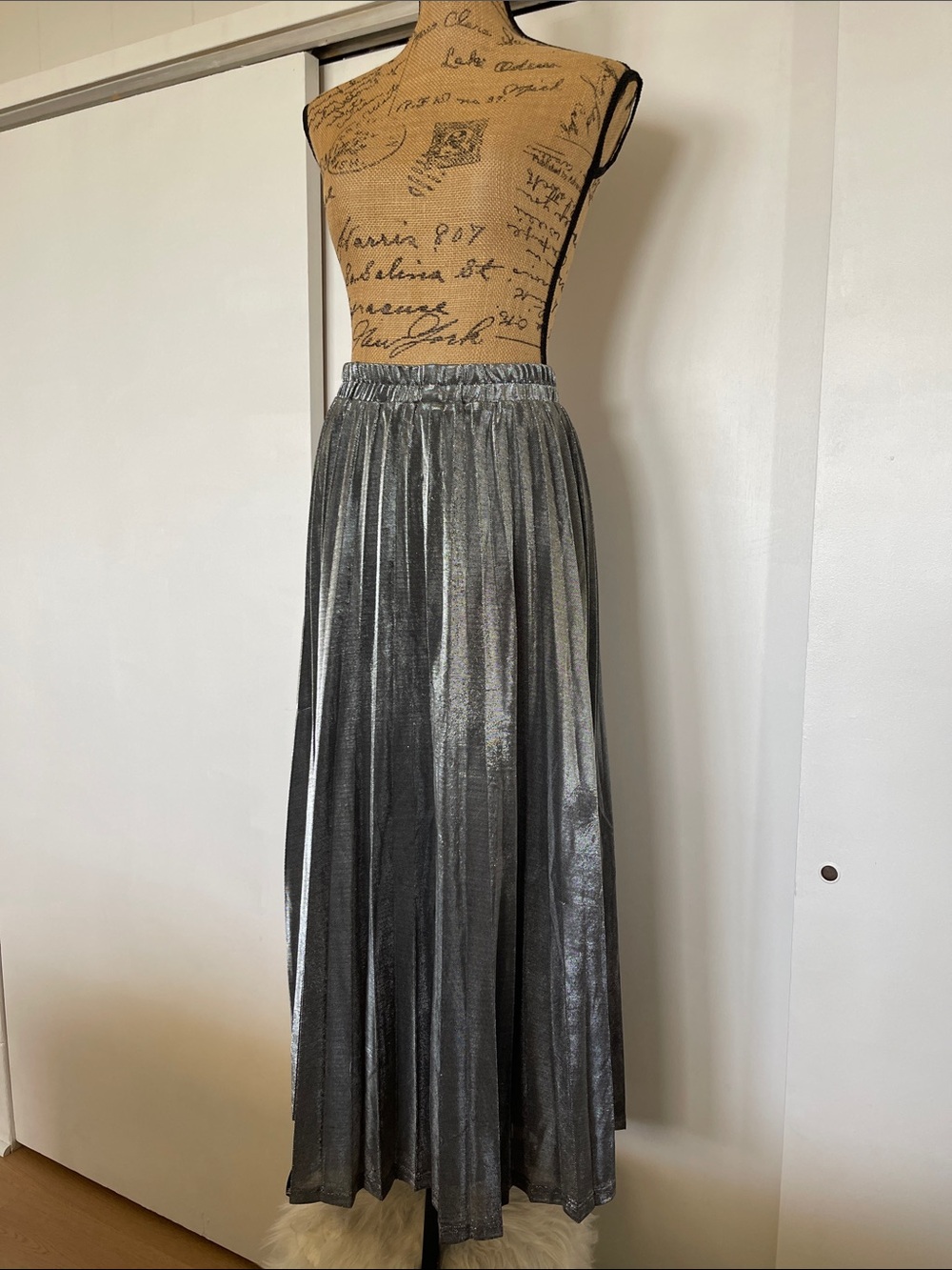 Metallic Silver Pleated Maxi Skirt with Elastic Waist